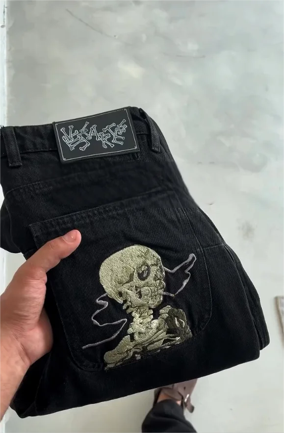Thriller Zombie Full Embroidery Hip Hop Punk Jeans Men Women High Waist Straight Wide Leg Denim Pants Y2k Retro Baggy Jeans