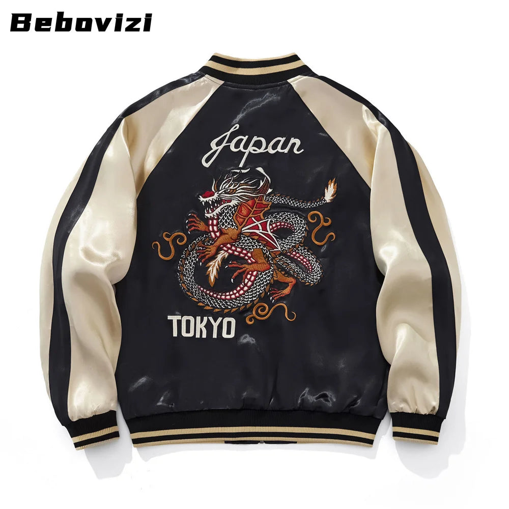 Tokyo Dragon Embroidered Zipper Blue Jacket Streetwear Hip Hop Men's Harajuku Japanese Baseball Coat Clothing