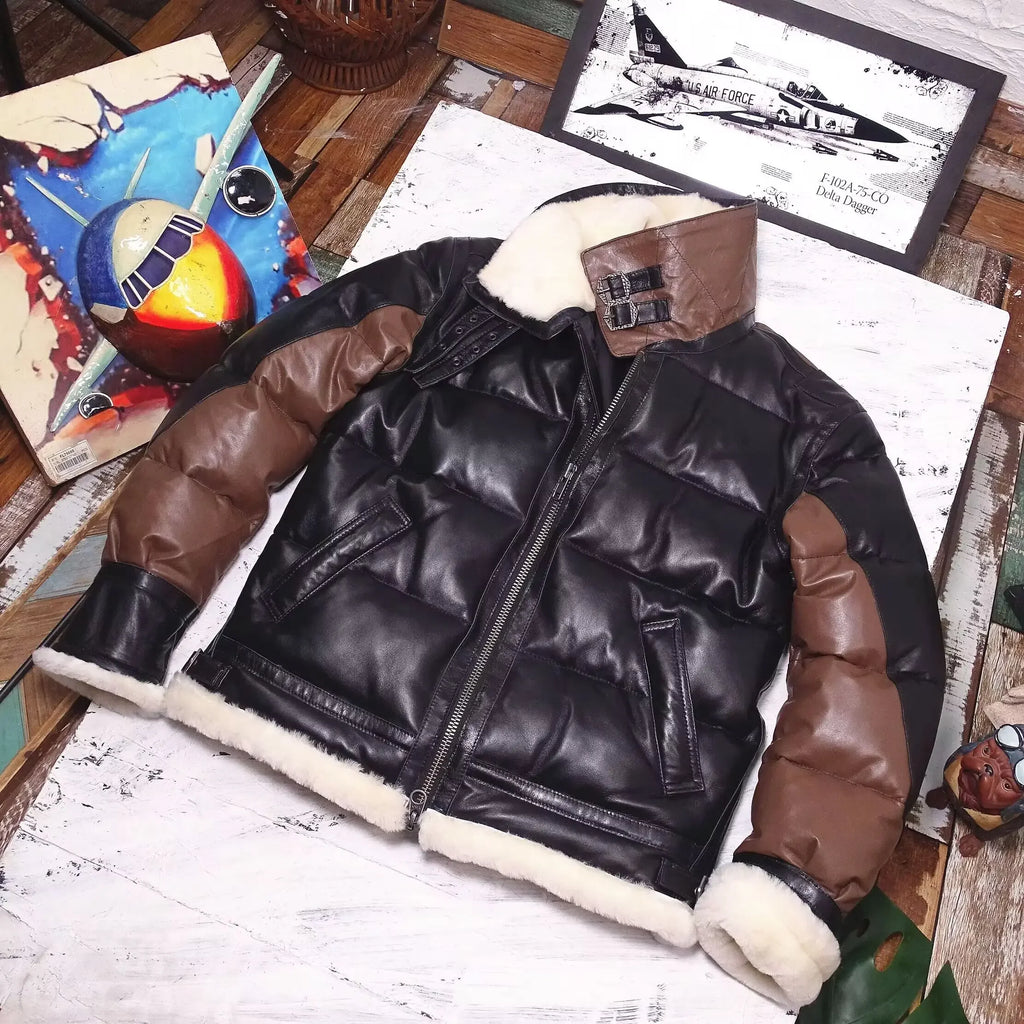 2024 Men's Winter Fashion Duck Down Coat Genuine Leather Sheepskin Cow Jacket for Male Brown Black Patchwork Plus Oversized 4XL