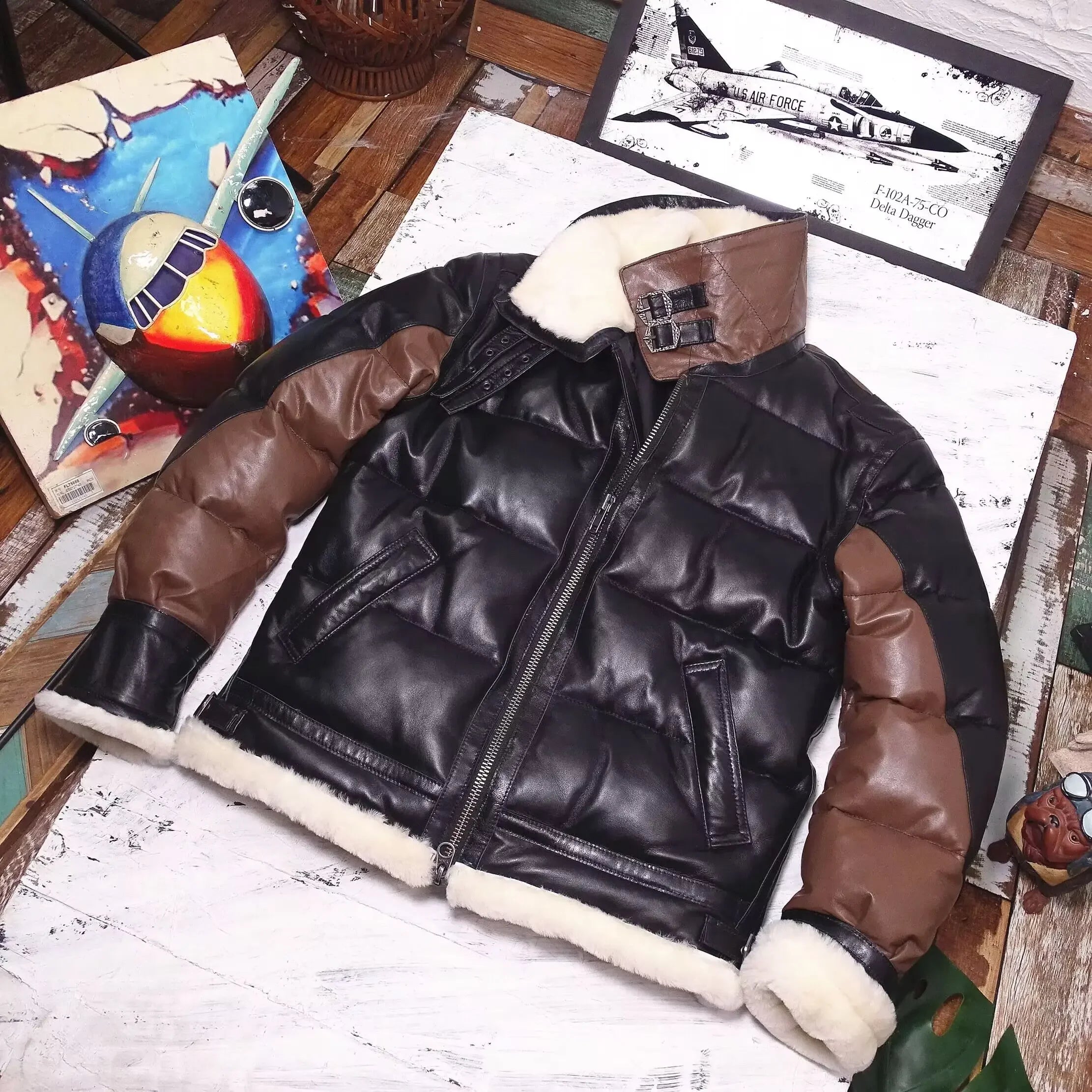 2024 Men's Winter Fashion Duck Down Coat Genuine Leather Sheepskin Cow Jacket for Male Brown Black Patchwork Plus Oversized 4XL