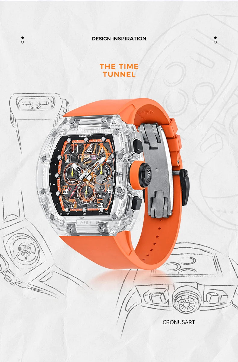 CRONUSART Men Chronograph Watch Tonneau Mechanical Wristwatch Sapphire Case & Mirror Luminous FKM Strap Skeleton Dial