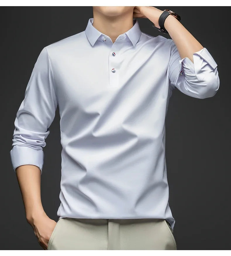 BROWON 2025 Spring Autumn Casual Work Tops Man Tshirt Long Sleeve Solid Color Soft Elegant Business Mulberry Silk T Shirt Man