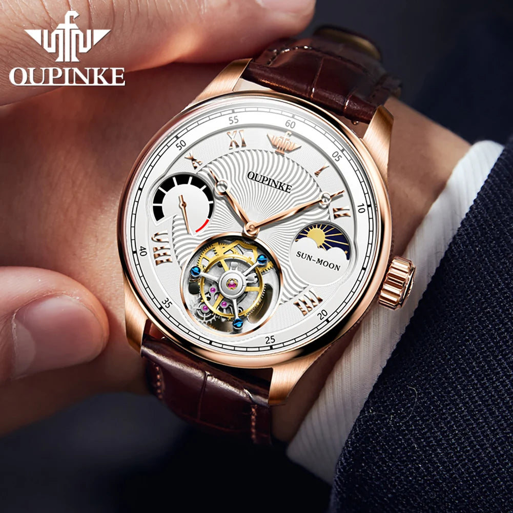 OUPINKE Men's Watch Top Luxury Fashion Original Tourbillon Mechanical Watch for Man Leather Strap Sapphire Mirror Moon Phase