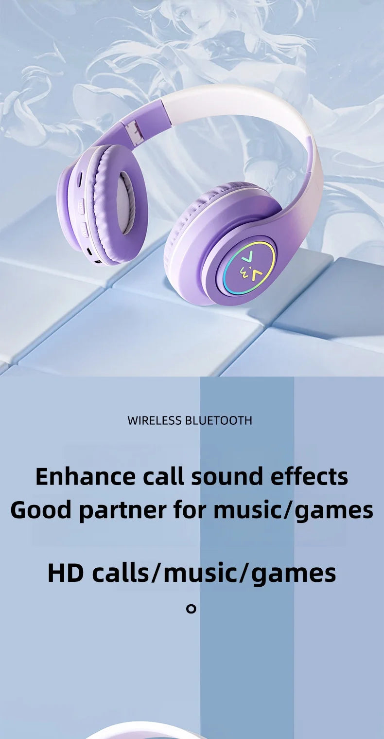 Original Wireless Bluetooth Headphones for Computer RGB Glowing Smiley Face Noise Reduction Gaming Headset Gamer Girl Bass Sport