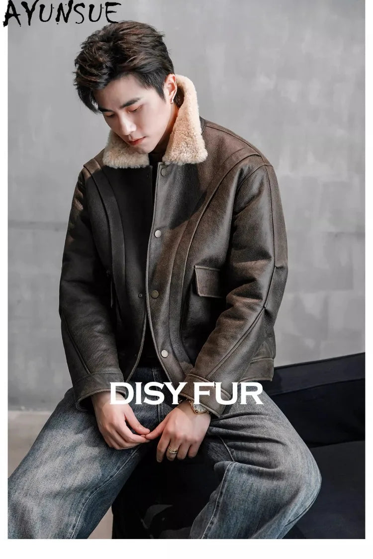 AYUNSUE Natural Sheepskin Fur Coat Men Autumn Winter New Short Real Wool Man Vintage Leather Jacket Motorcycle Fur Coats Jackets