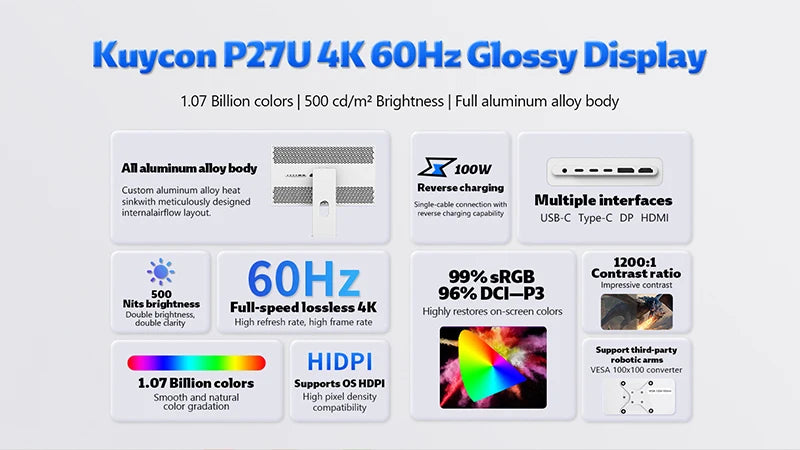 Kuycon P27G Desktop Monitor 27-inch Aluminum Alloy HDMI Adaptive 4K Computer Display With 99%sRGB VESA Adaptable LED LCD Screen