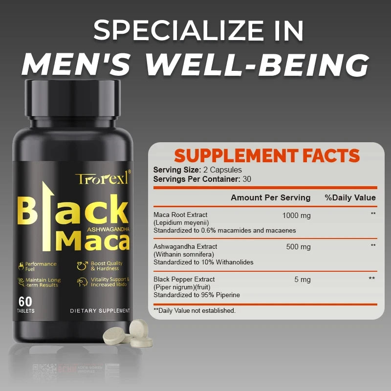 TOP STRENGTH Black Maca Ashwagandha Tablets for Men Potency| Natural Energy + Stamina Booster | 60 Caps