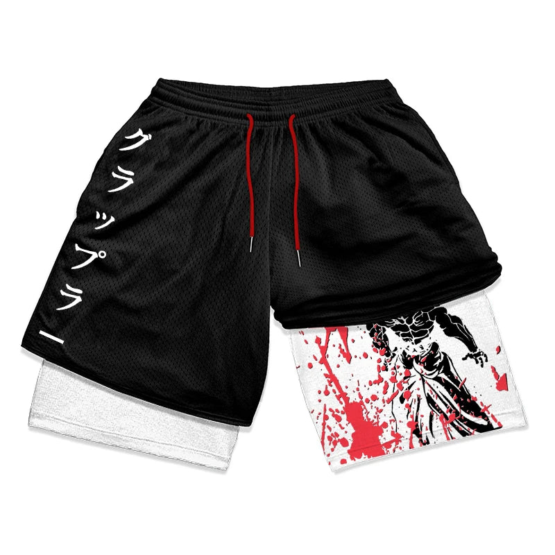 Anime Baki Hanma Gym Workout Shorts for Men Athletic Quick Dry 2 in 1 Compression Shorts Cosplay Costume