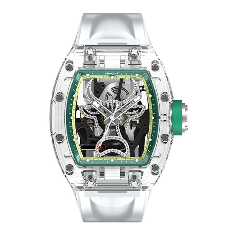 CRONUSART Men Automatic Watch 50mm Tonneau Mechanical Wristwatch Sapphire Case & Mirror Luminous FKM Strap Skeleton Bull Dial