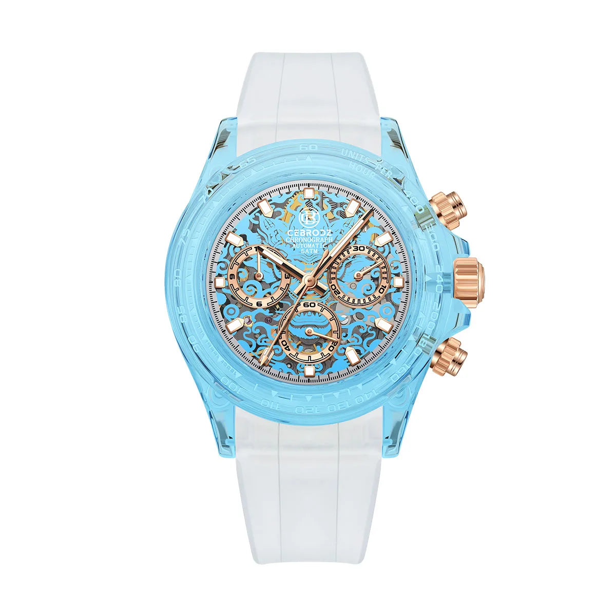 CEBRODZ Crystal Chronograph Transparent Sapphire Crystal Case Hollow Movement Automatic Mechanical Watches Men Luxury CB165122A