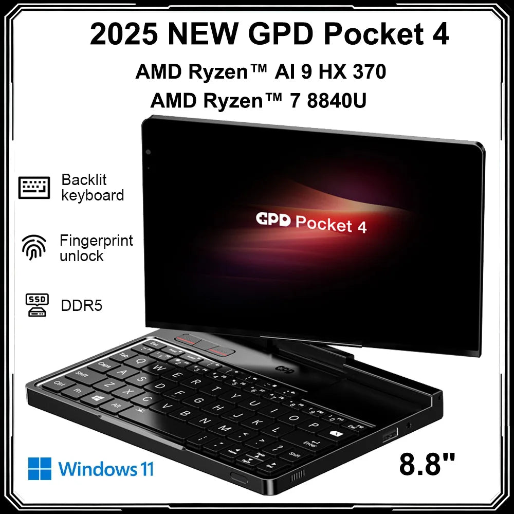 2025 NEW Original GPD Pocket 4 Laptop AMD AI 9 HX 370 32GB DDR5 2TB NVMe 8.8-inch Mini Portable Gaming Notebook Office Study PC