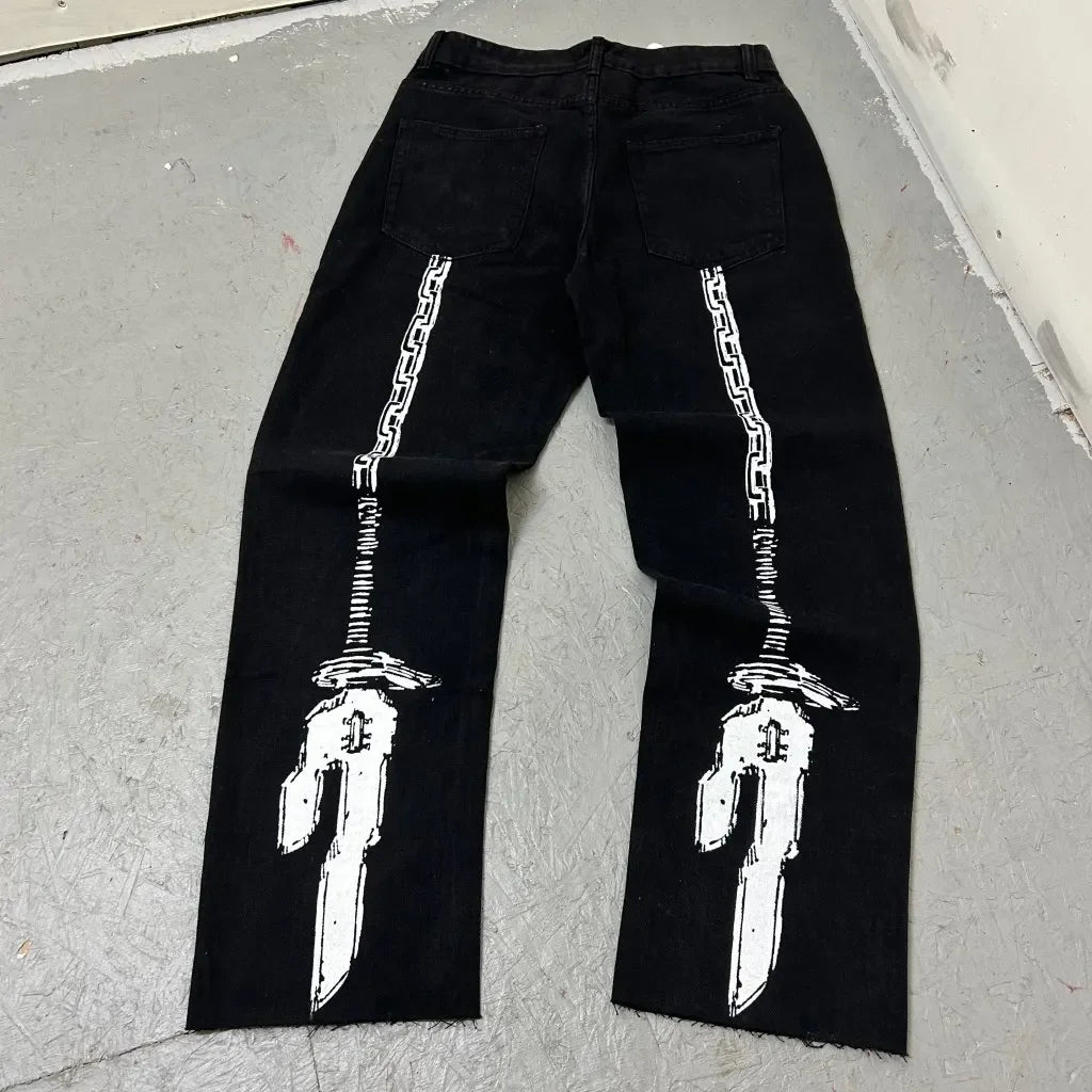 Harajuku High Street Popular Anime Jeans Y2k Baggy Jeans Vintage Wide Leg Denim PantsStreetwear Couples Trouser Men Clothing
