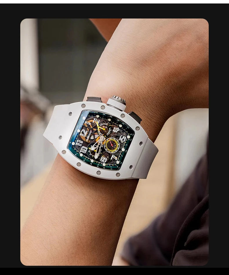 CRONUSART Men Chronograph Watch Tonneau Automatic Mechanical Wristwatch Sapphire Mirror Luminous FKM Strap Skeleton Dial