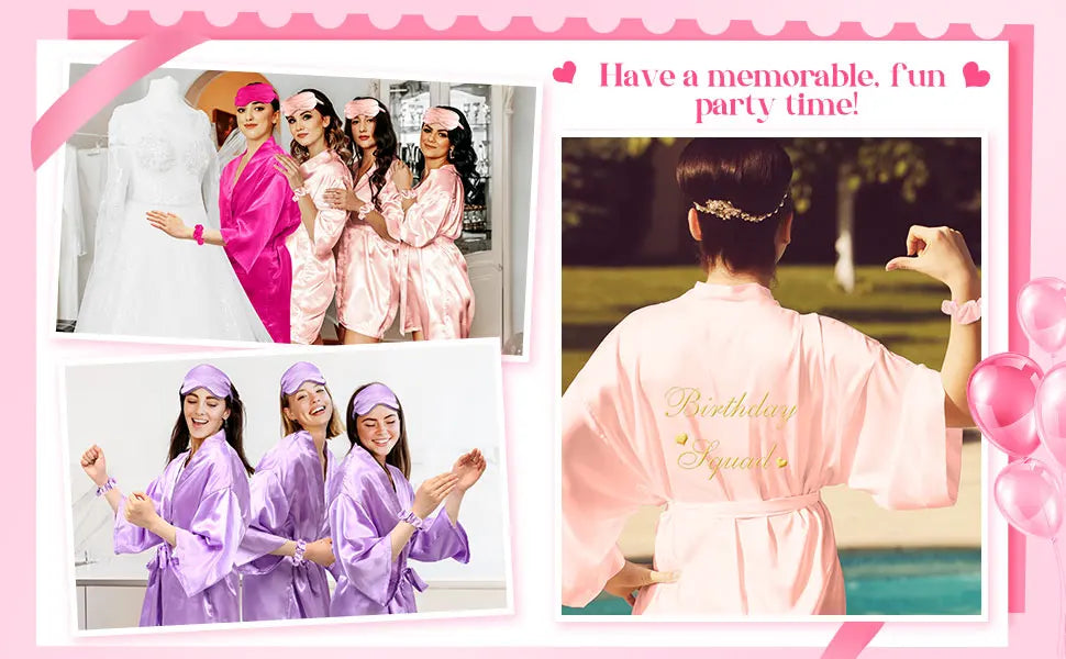 21 Pcs Women Birthday Party Robe Set Queen Squad Kimono Satin Bathrobes with Eye Mask and Scrunchie for Birthday
