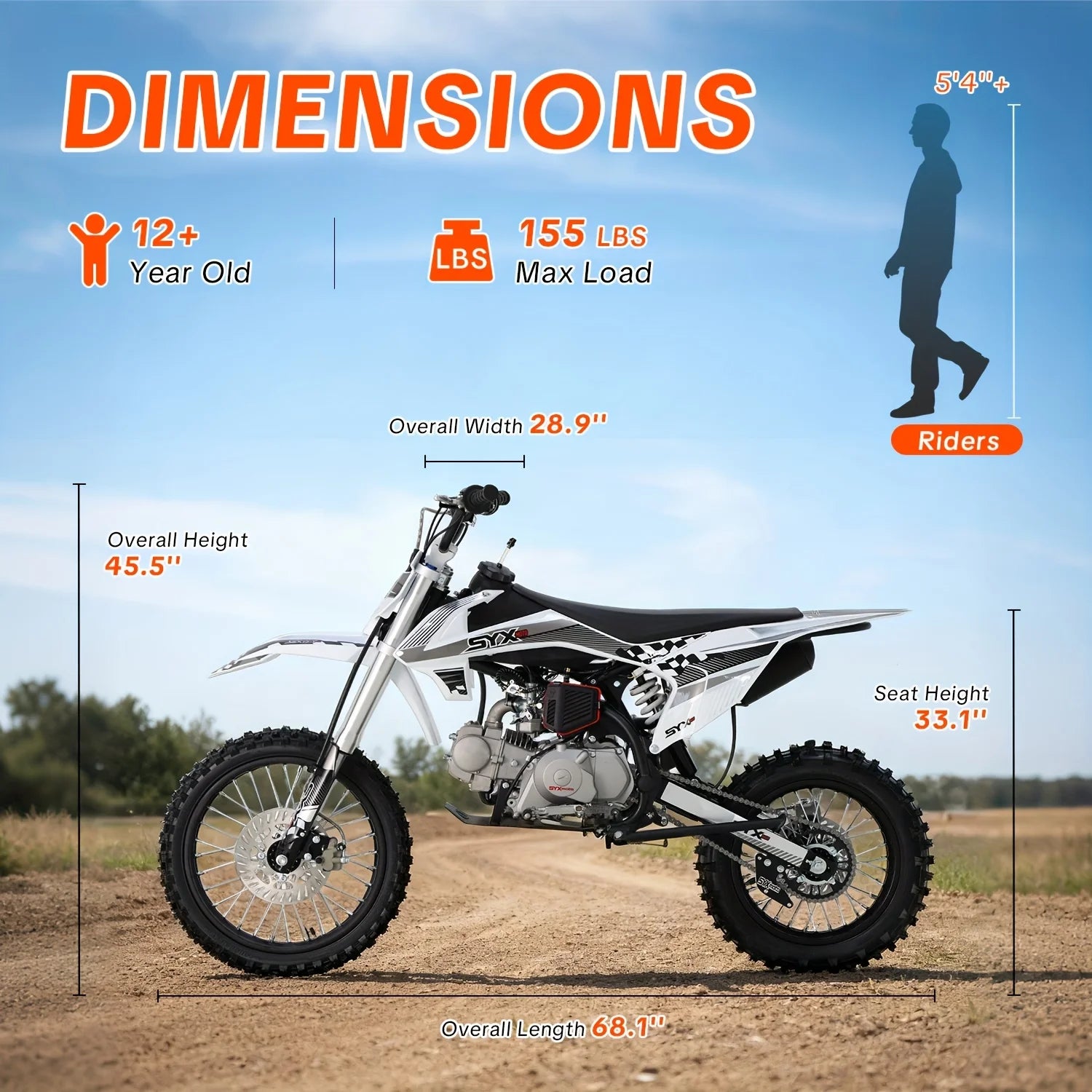 SYX MOTO 125cc Dirt Bike Teens 12+ Yrs 4-stroke Gas-powered Dirt Bike Off-road Motorcycle Kick Start 4-speed Manual Transmiss