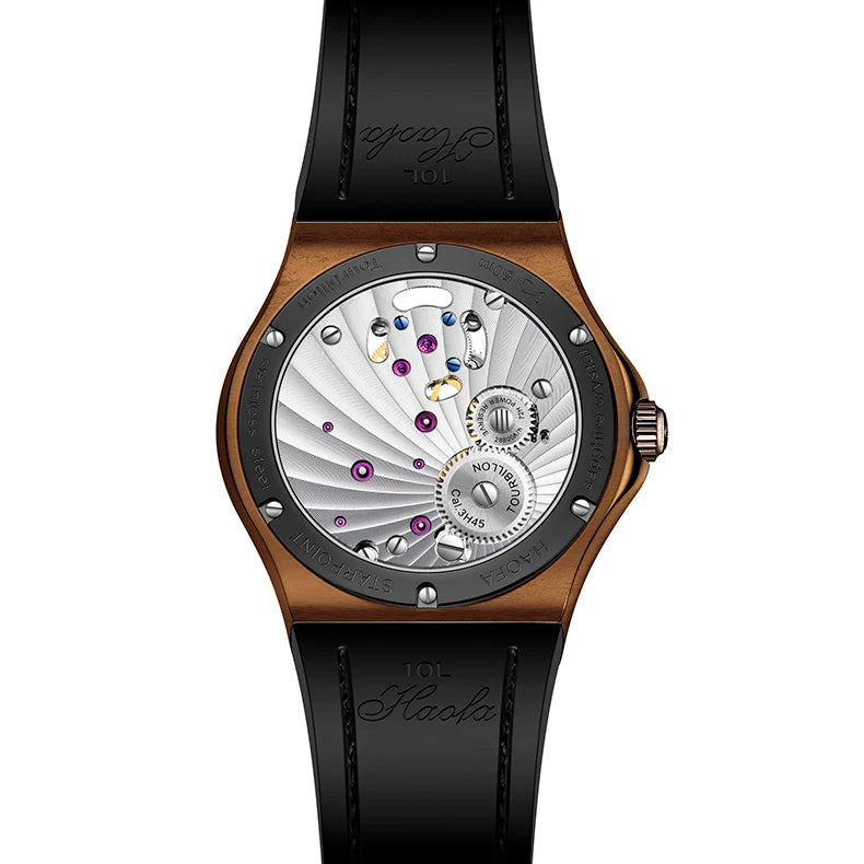 Haofa Manual Tourbillon Movement Watch for man Sapphire Mechanical Bronze Case Carbon Fiber Bezel Mens Watch Day And Night 1915T