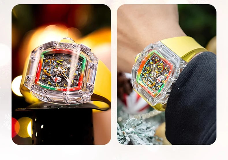 CRONUSART Men Chronograph Watch Tonneau Mechanical Wristwatch Sapphire Case Luminous Fluororubber Strap Christmas Limied Edition