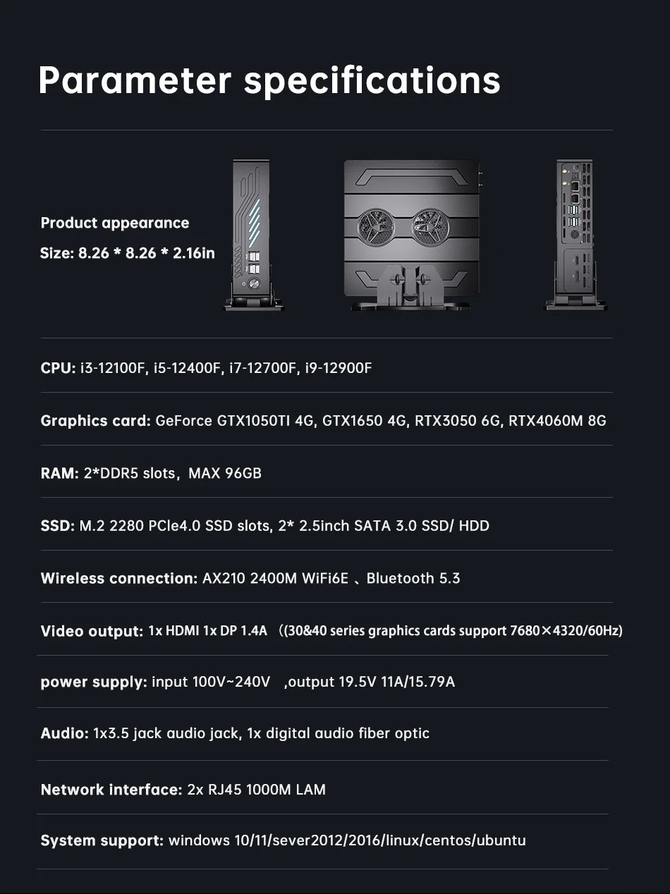 Mini Gaming Pc Core I9-12900F Gaming Mini Pc RTX4060M 8G Discrete Graphic Dual Ddr5 M.2 Nvme Computer Barebone 8K With LED