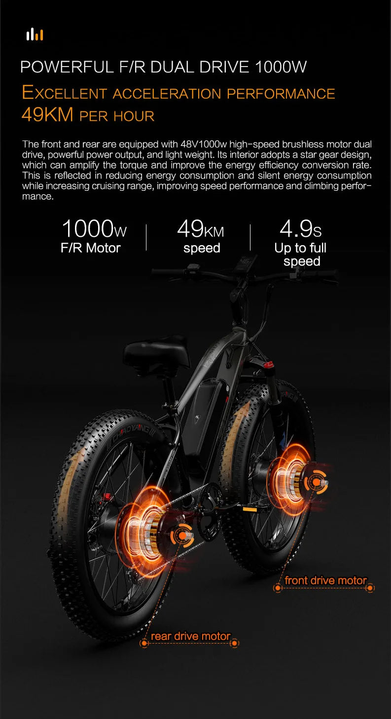 2000W LANKELEISI MG740PLUS Electric Bike 26" 48V 20AH Dual Motor Mountain E-bike