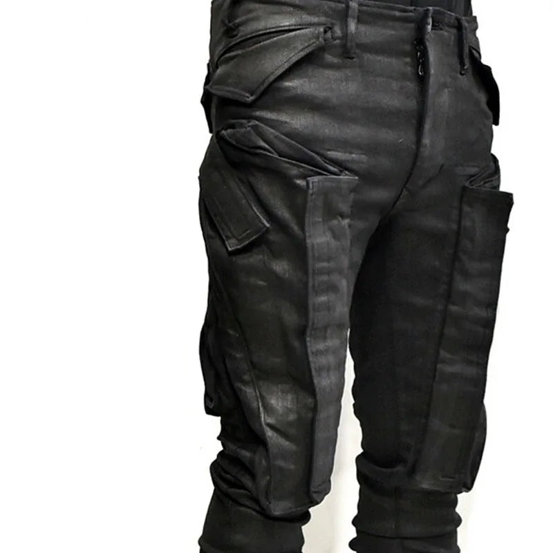 Dark Multi Pockets Function Cargo Pants Slim Fit Elastic Casual Joggers Trousers Men
