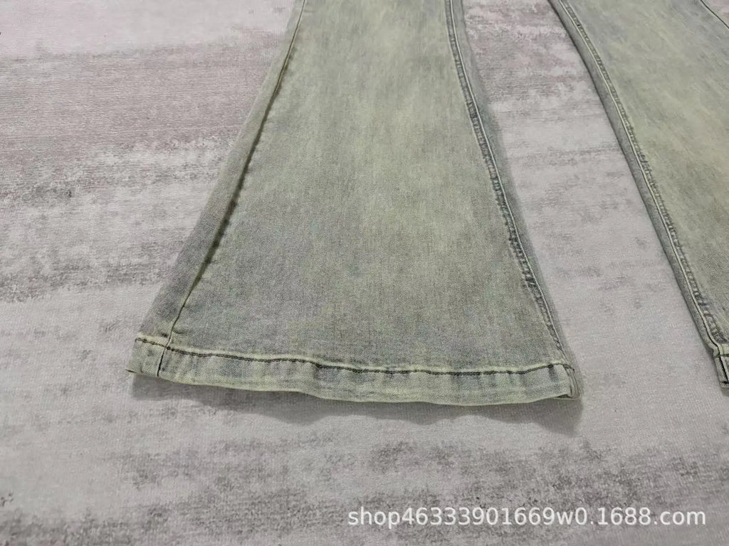 Rick RO Vintage Washed Wide Leg Skinny Jeans with Built-Up Floor-Length and Distressed Details and Cat-Fur Style Denim Pants