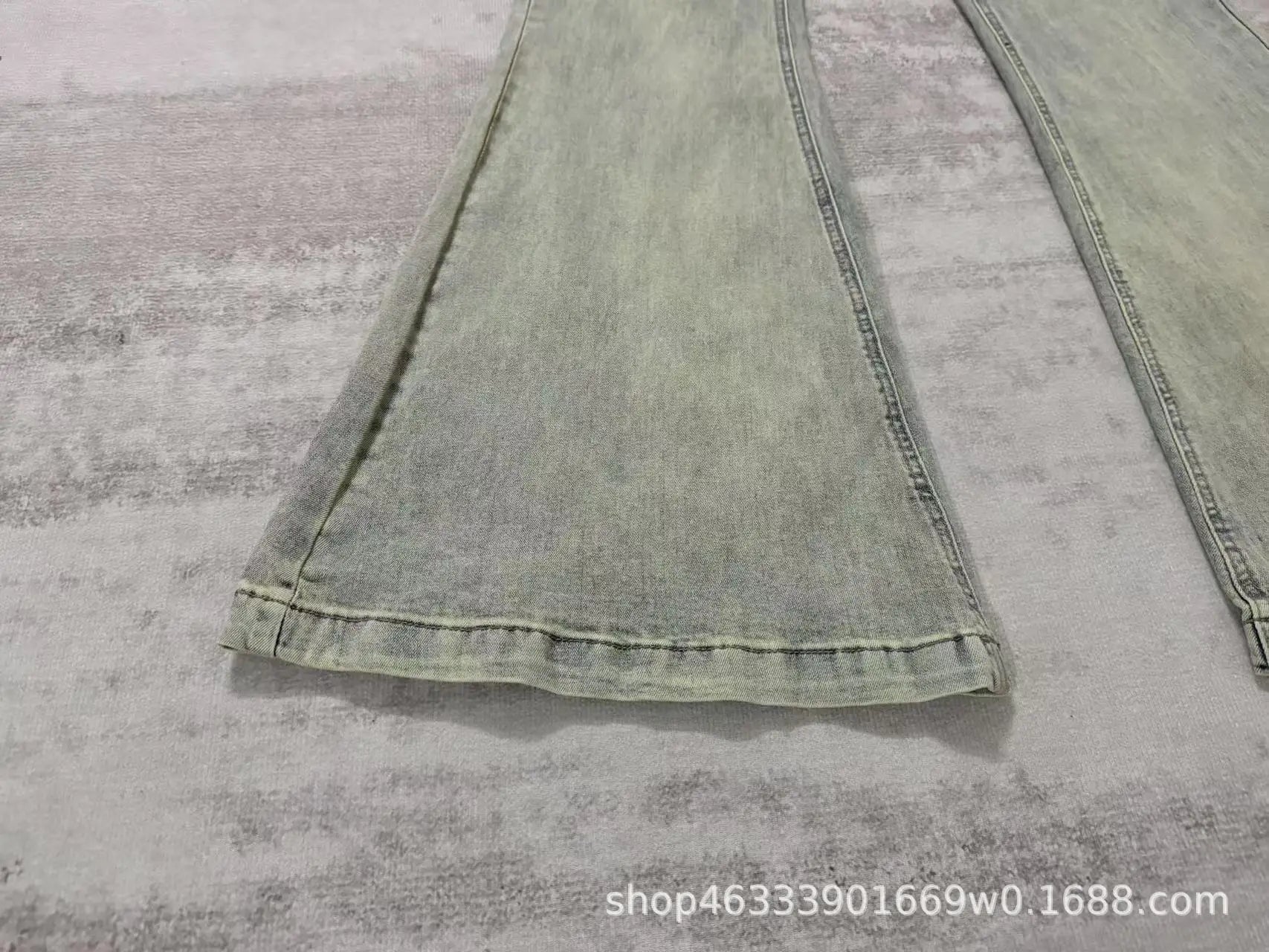 Rick RO Vintage Washed Wide Leg Skinny Jeans with Built-Up Floor-Length and Distressed Details and Cat-Fur Style Denim Pants