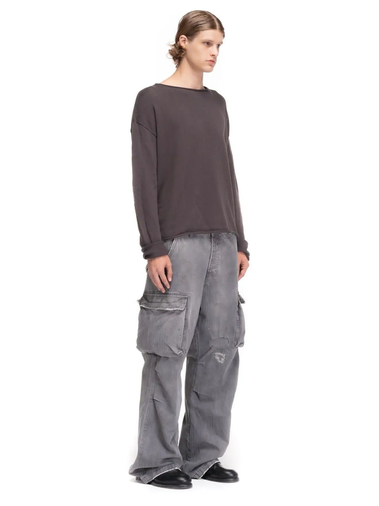 No faith studios herringbone twill grey ripped patch paint multi-pocket overalls