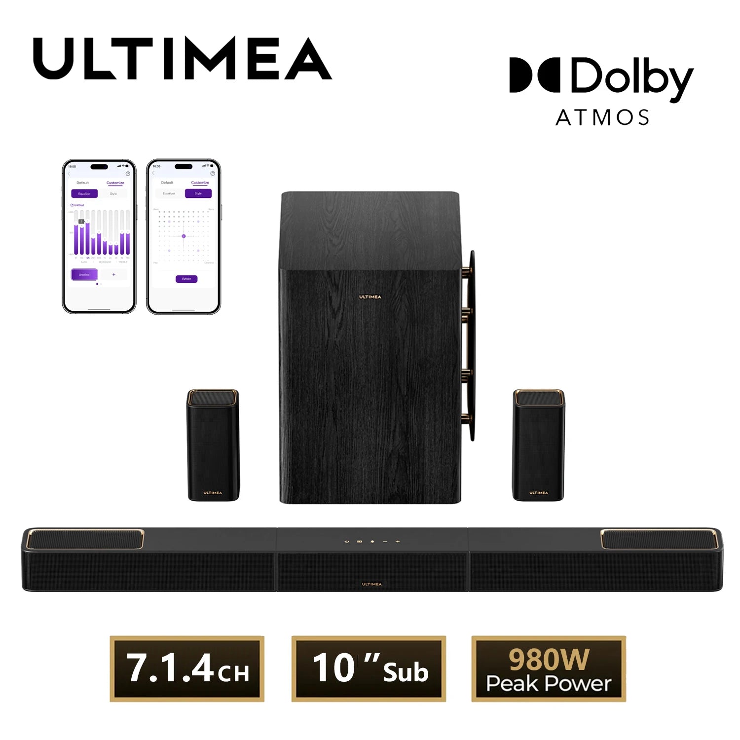 ULTIMEA 980W 7.1.4 Soundbar with Dolby Atmos&APP Control, 10" Wireless Subwoofer Surround Sound System TV Home Bluetooth Speaker