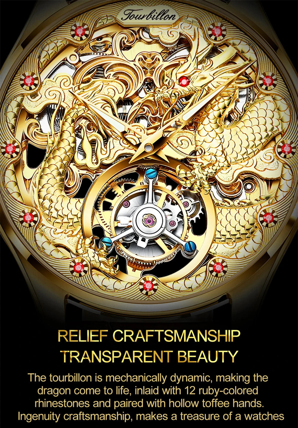 100% OUPNKE 3176 Authentic Tourbillon Men Watch Luxury 3D Relief Golden Dragon Watch Original Mature Automatic Mechanical Watch