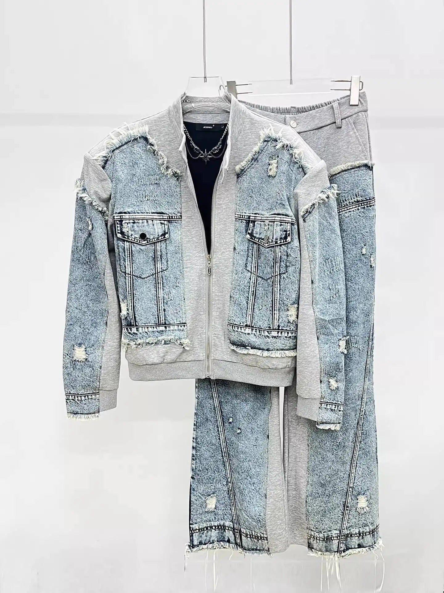HKSH Spring Autumn New Men Trend Ripped Frayed Denim Patchwork Jacket Elastic Waist Wide-Leg Pants Fashion Two-Piece Set HK16899