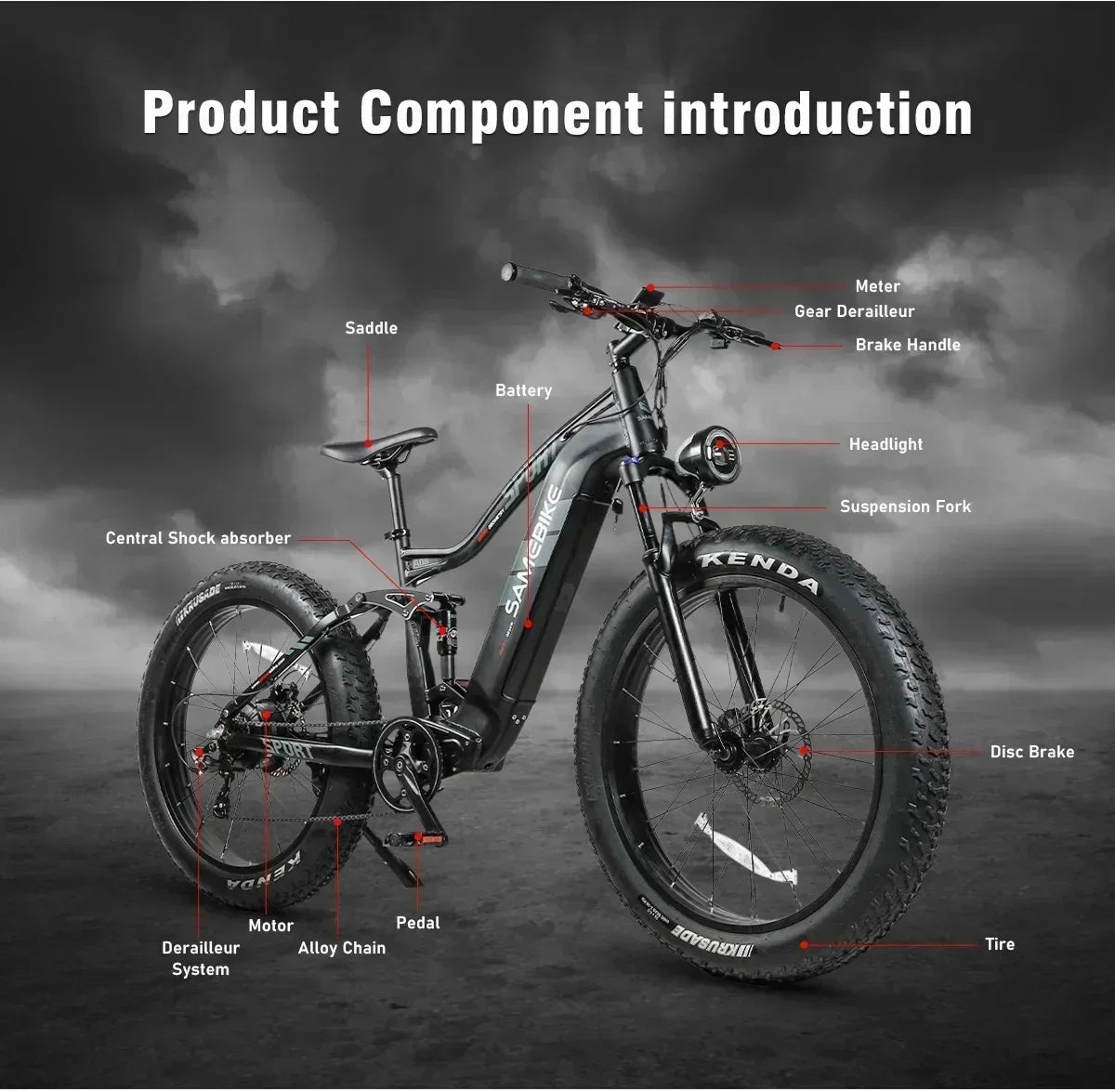 SAMEBIKE RS-A08 Electric Bike 1000W Motor 48V 17Ah Battery Hydraulic brake 26*4.0Inch Fat Tires Electric Bicycle Mountain E-bike