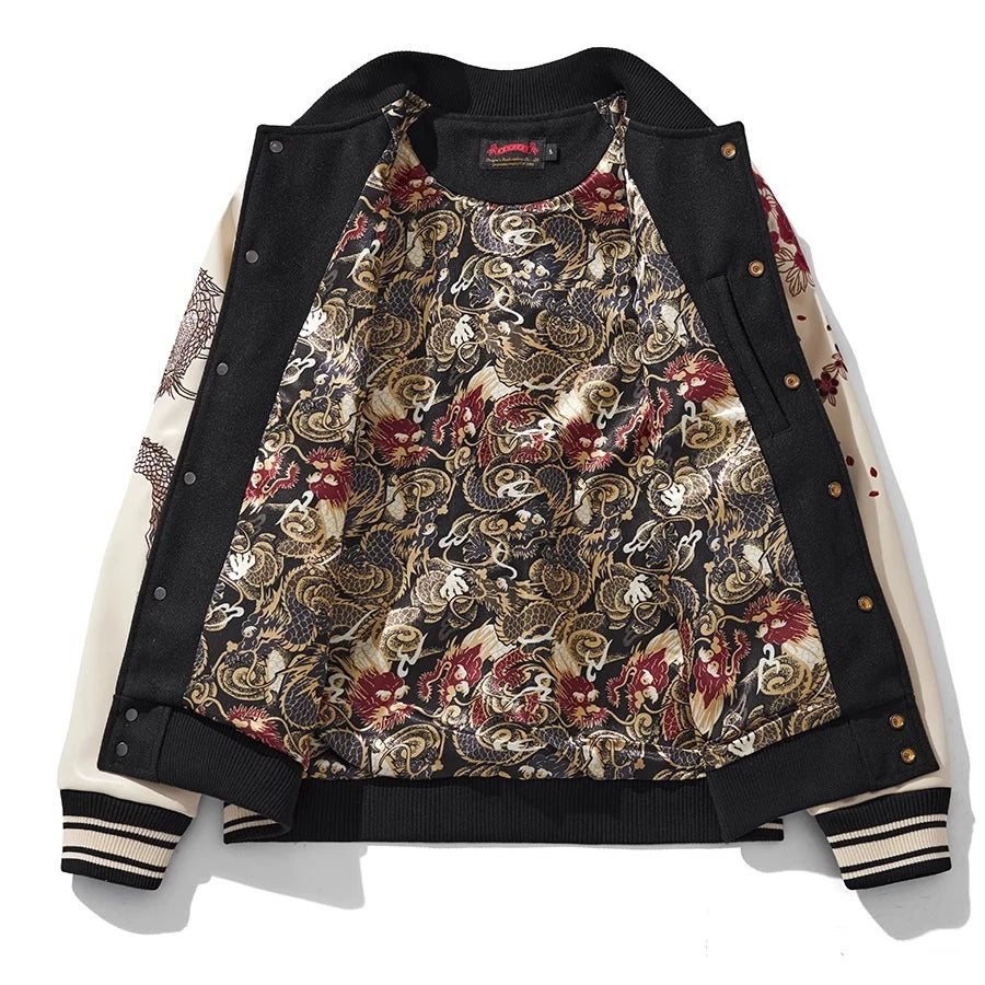 Streetwear Japanese Sukajan Souvenir Baseball Jacket 2025 Autumn Chinese Dragon Embroidered Woolen Patchwork Jacket Coat