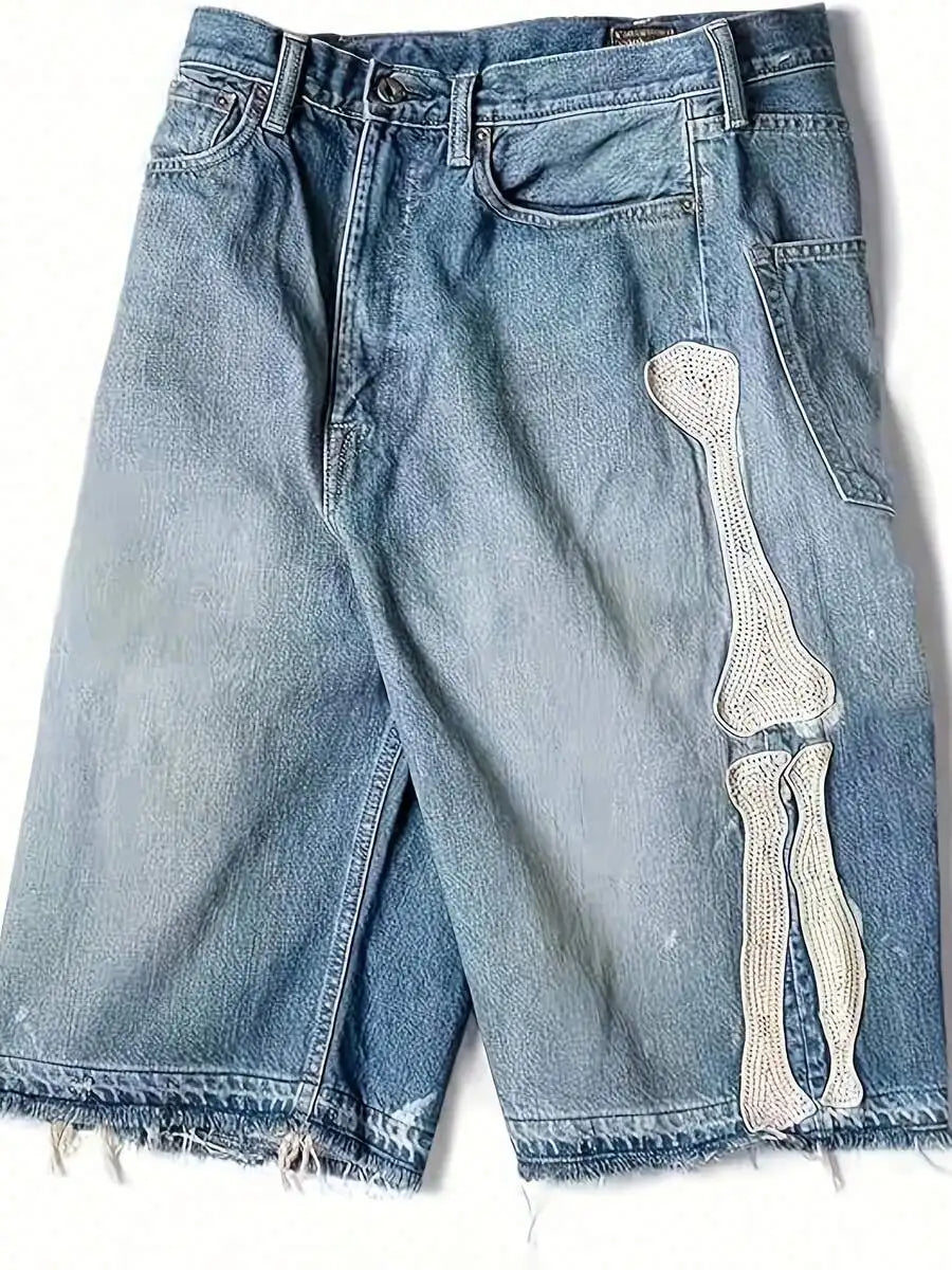 Mens Ripped Denim Shorts With Bone Applique Design Summer Casual Shorts