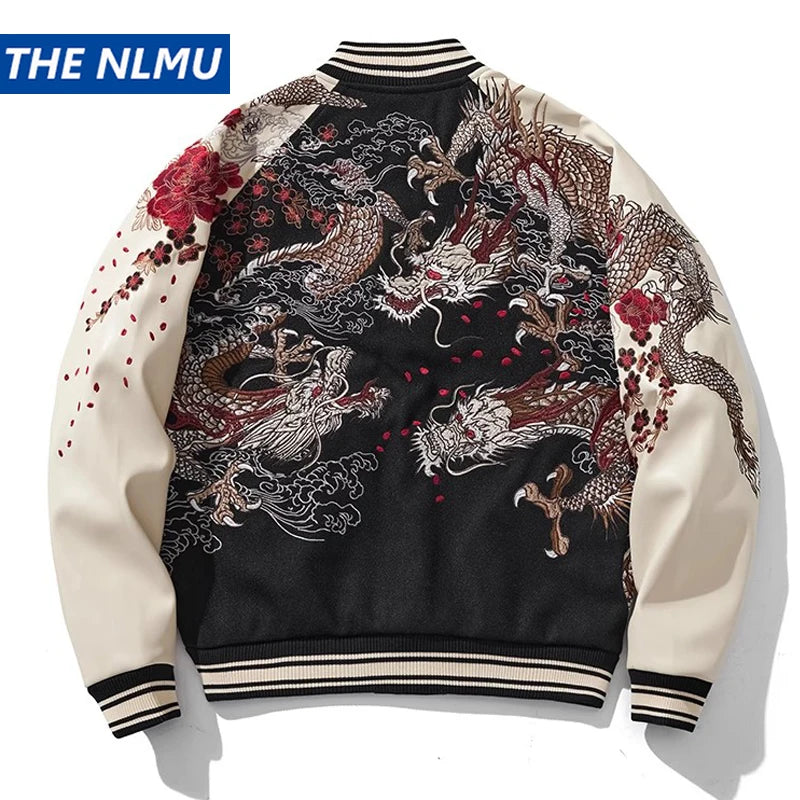 Streetwear Japanese Sukajan Souvenir Baseball Jacket 2025 Autumn Chinese Dragon Embroidered Woolen Patchwork Jacket Coat