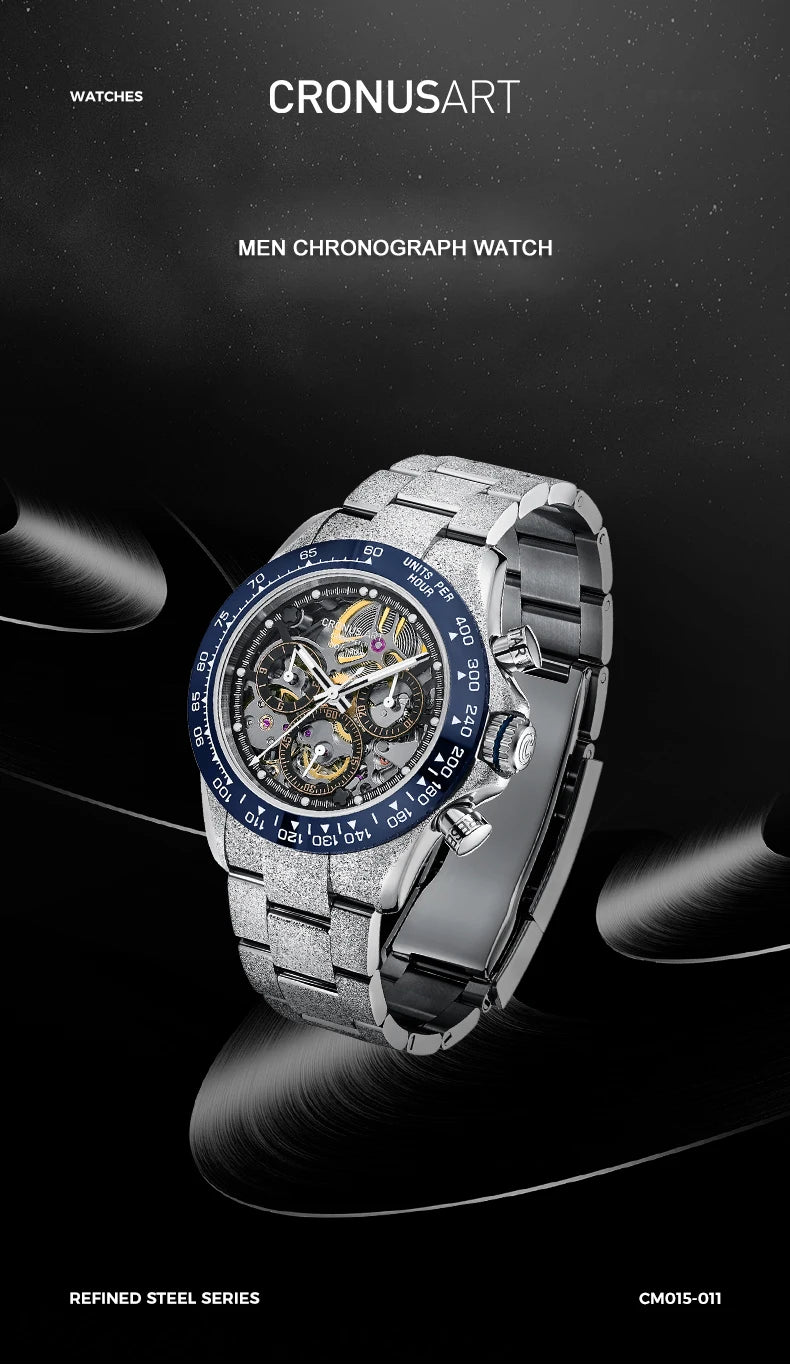 CRONUSART Men Chronograph Watch 40mm Vintage Automatic Mechanical Wristwatch Luminous Sapphire Mirror Ceramic Bezel