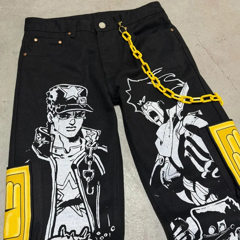 Anime Print Baggy Jeans Men Harajuku Hip Hop Black Denim Pants Streetwear Y2K Manga Graphic Wide Leg Trousers Gothic Clothes