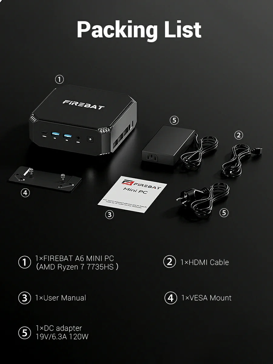 FIREBAT A6 Mini PC AMD Ryzen 7 7735HS LPDDR5 16GB RAM M.2 PCIe 512GB SSD WiFi 6 BT 5.2 2500M LAN Windows 11 Desktop Computer