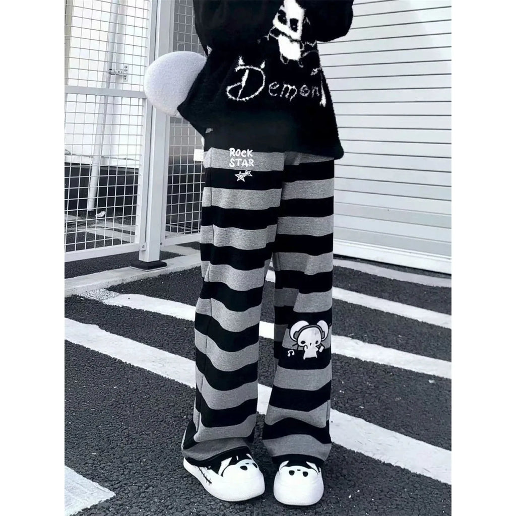 Harajuku Y2K Punk Anime Printed Striped Pants Straight Leg CleanFit PVC Material ex Neutral Sle Casual Trousers