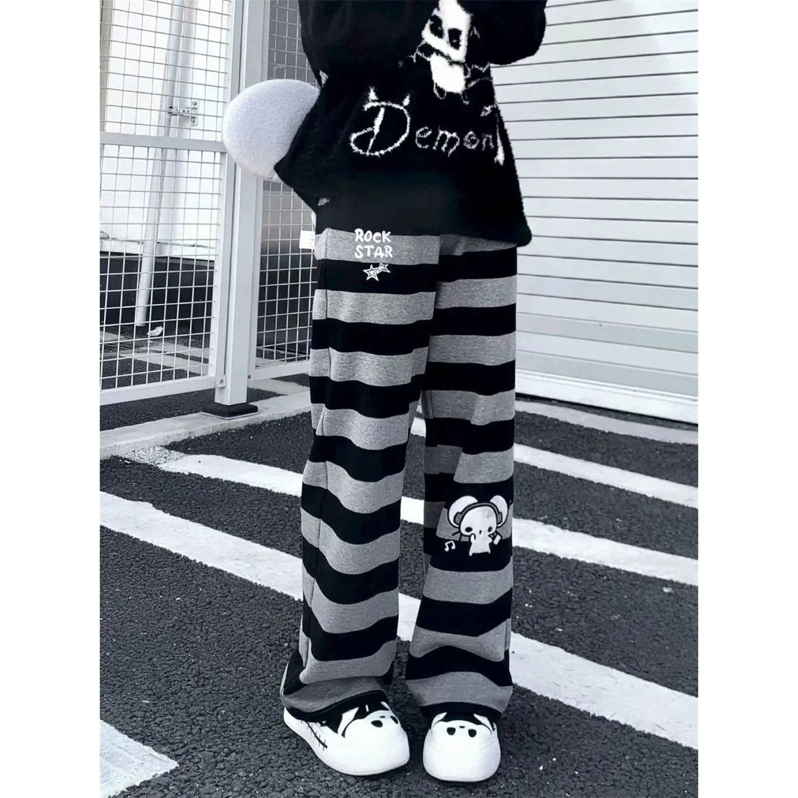 Harajuku Y2K Punk Anime Printed Striped Pants Straight Leg CleanFit PVC Material ex Neutral Sle Casual Trousers