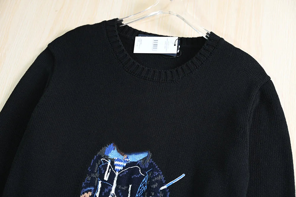 Couples Knitted Cotton Sweater Long Sleeve round Neck Thick Needlework Cartoon Bear Design Casual Youthful Style Cotton Knitwear