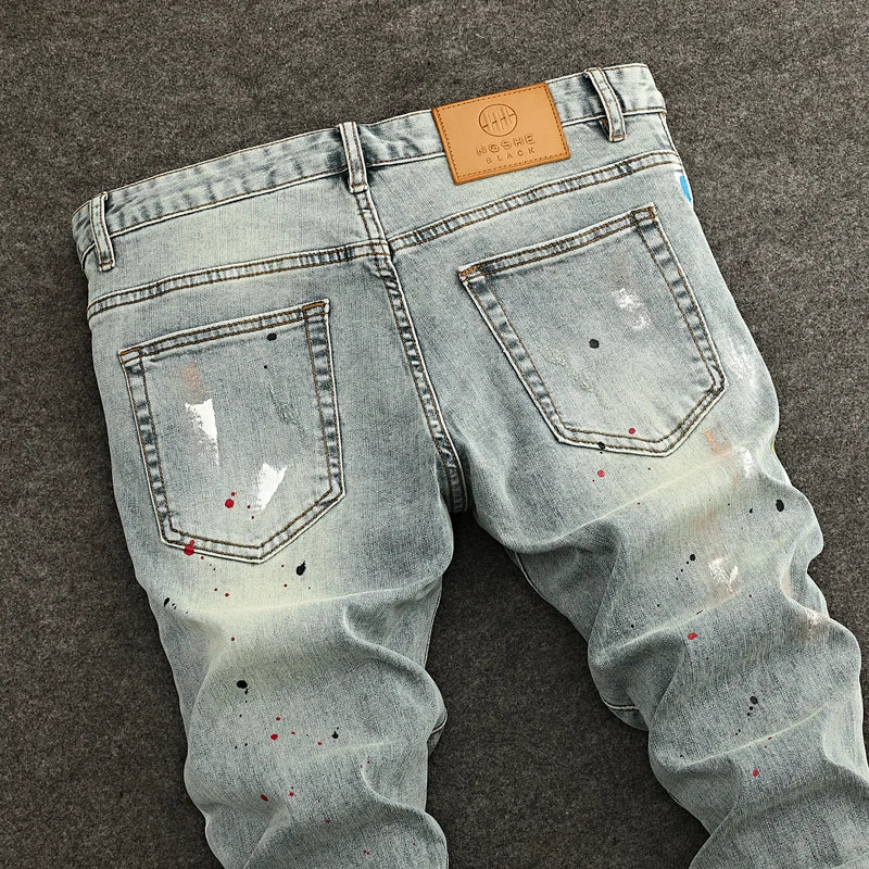 High Street Fashion Men Jeans Retro Washed Blue Stretch Slim Fit Ripped Jeans Men Painted Designer Vintage Denim Pencil Pants