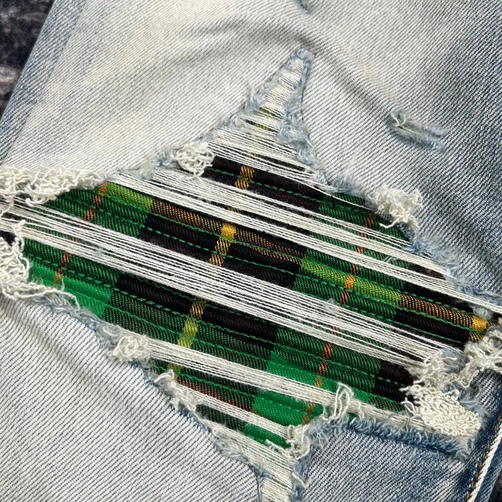 discounted men green plaid patch distressed jeans