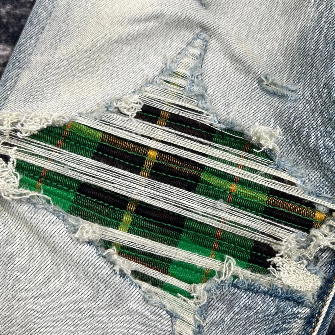 discounted men green plaid patch distressed jeans