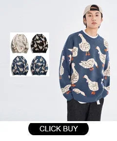 Japanese Knitted Sweater Men Cartoon Animal Duck Goose Print Pullover Harajuku Casual O-neck Oversize Top Streetwear Unisex Fall