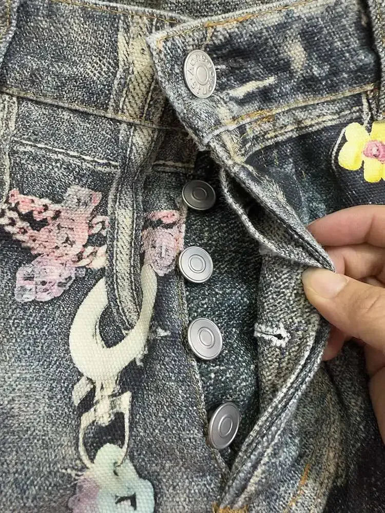 DEAT Fashion Women's 3D Chain Printed Contrast Color Jeans Niche Design High Waist Casual Denim Pants Female Trendy 11A04071