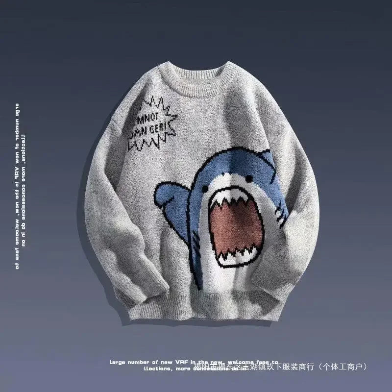 Autumn/Winter Japanese Cartoon Shark Round Neck Couple Sweater Men's Trendy Brand Loose-Fit Korean Knitted Top Hong Kong Style