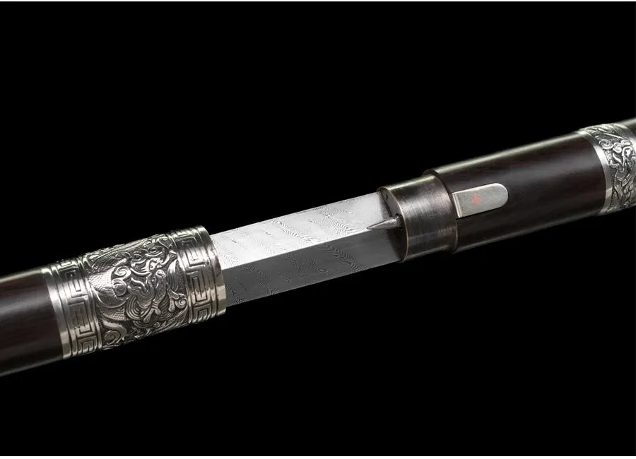 Chinese Staff Sword Folded Steel Damascus Blade Sharp Real Ebony Wood Scabbard Walking Stick Samurai Swords Silver Dragon Katana