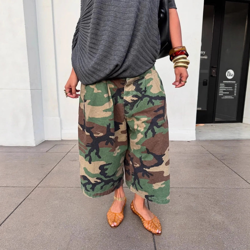 Women's Camouflage Wide Leg Pants Loose Casual High Waist Vintage Pockets Cropped Pants 2025 Fashion Harajuku Capris
