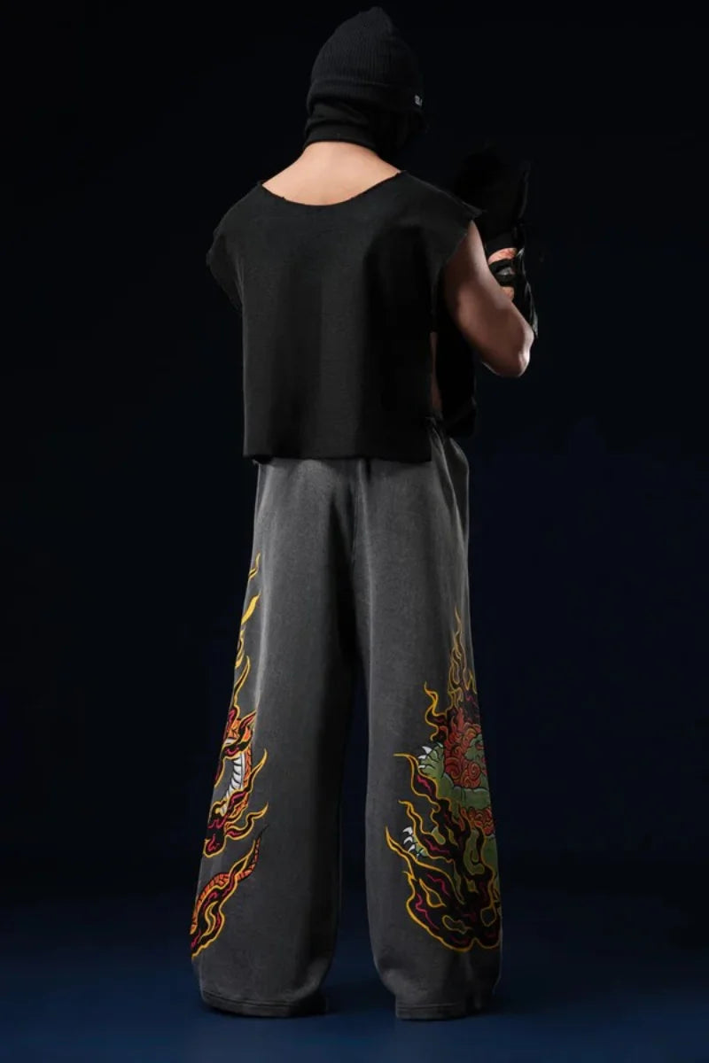 Y2K Retro Harajuku Jeans Flame Dragon Snake Graphic Printing Baggy Pants Wide Leg Sweatpants Vintage Men Women Streetwear