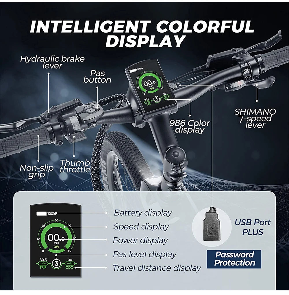 26" Carbon Fiber Electric Mountain E-Bike 500W 15Ah  Speed 48V Down Tube Battery Rear Hub Motor Road Bikes